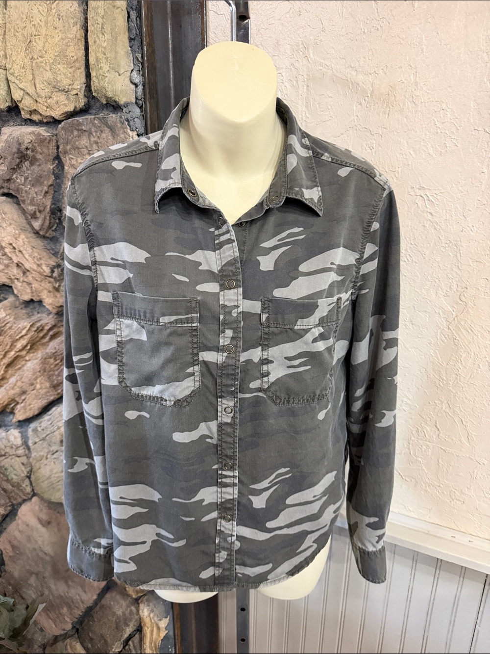 Express Women’s Gray/ Green Camo Jean Jacket with Gold Side Stripe